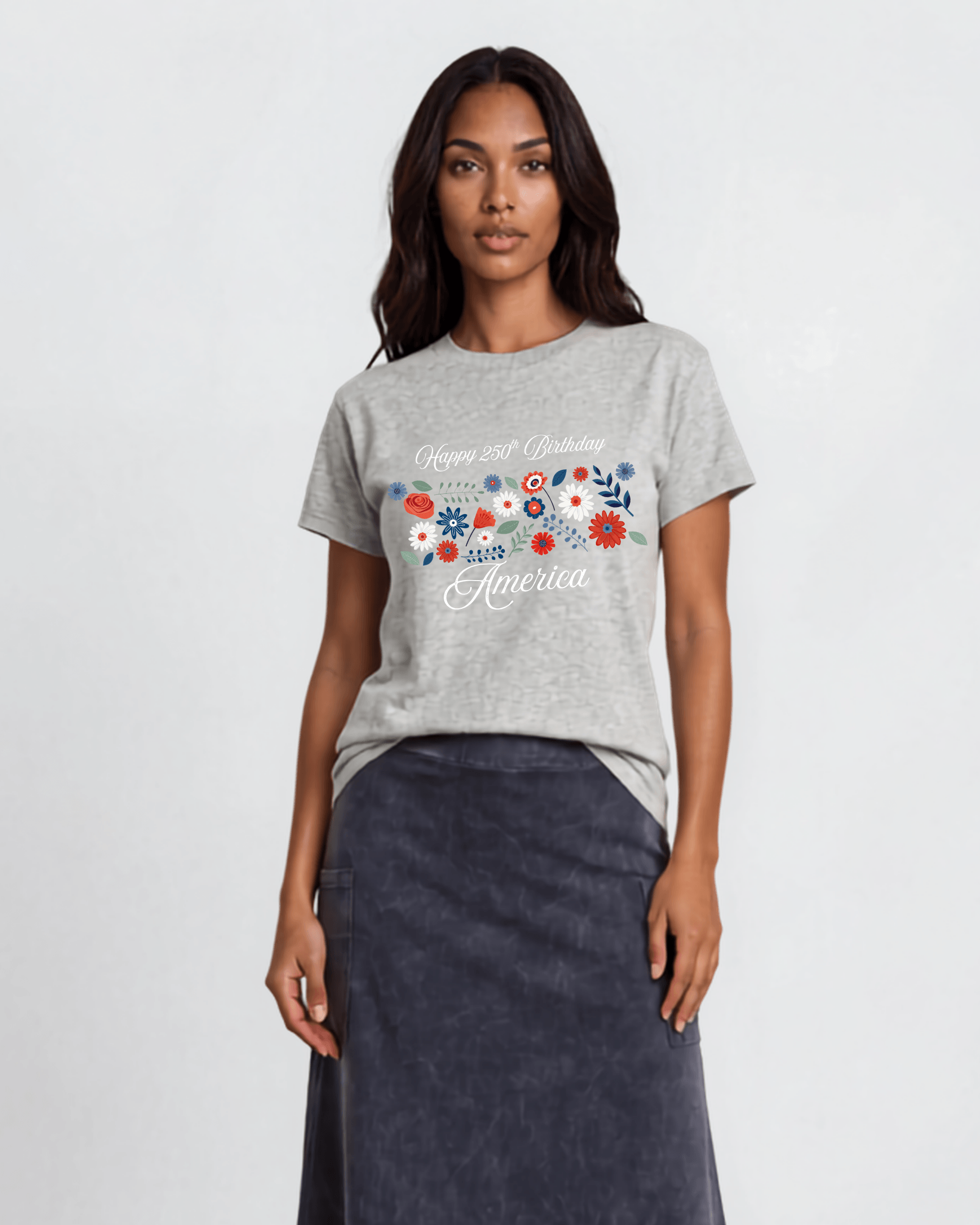 Happy 250th Birthday America Floral Graphic Tee | Women's Heather Gray | Made in USA