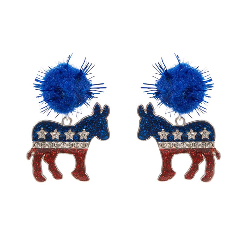 Pom Pom Glittered Enamel Democrat Donkey Dangle Earrings