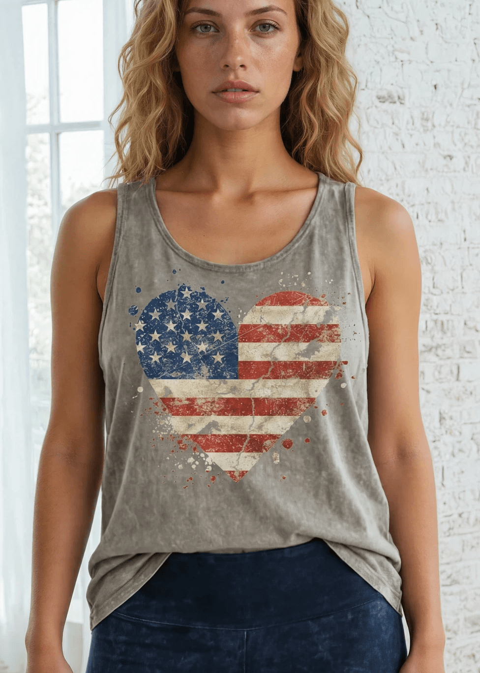 Mineral Washed Cotton USA Flag Heart Graphic Tank Top Made in USA