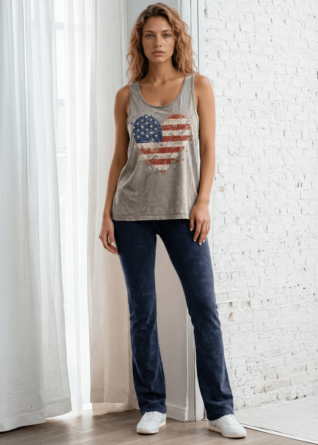 Mineral Washed Cotton USA Flag Heart Graphic Tank Top Made in USA
