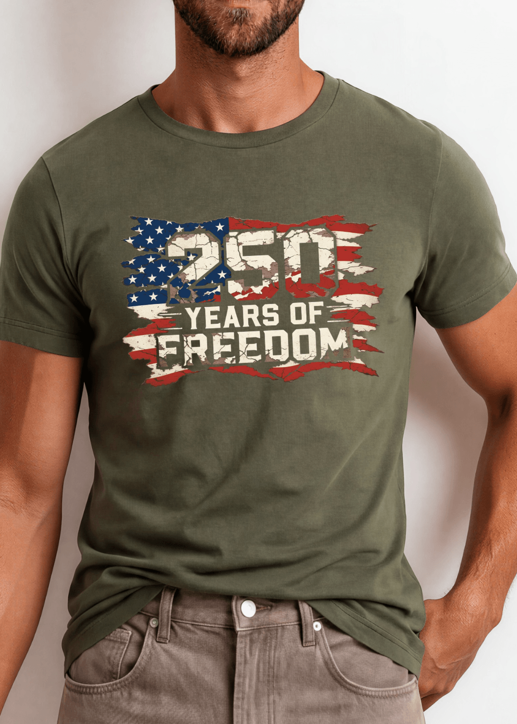 250 Years of FREEDOM Red White and Blue Distressed Flag - Army Green
